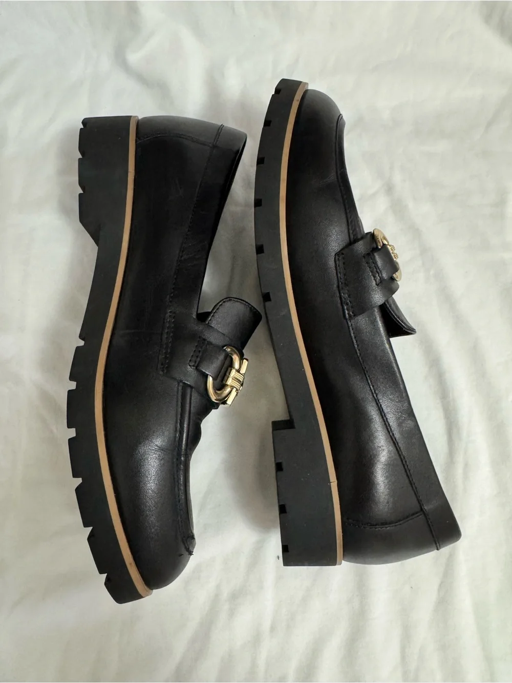 kate spade Black Leather Loafers with Gold Chain Hardware